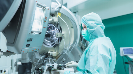 A medical professional in a radiation protection suit operating a nuclear medicine imaging machine in a specialized facility Generative AI - obrazy, fototapety, plakaty