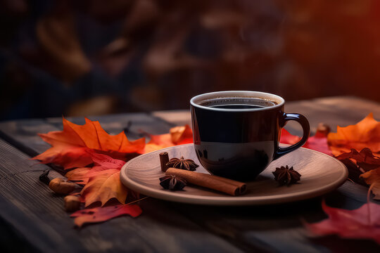 hot steaming cup of coffee on the background of autumn leaves. AI