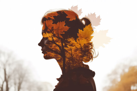 Double exposure silhouette with orange autumn foliage outline portrait of confident woman, AI
