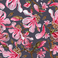 watercolor seamless pattern pink magnolia on a dark background for fabric,wallpaper or bed linen,packaging