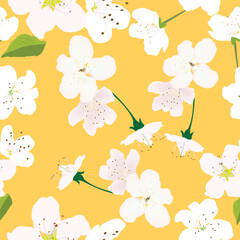 Seamless pattern with white flowers and yellow background for prints; white cherry flowers design with red background
