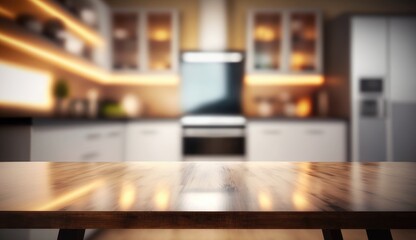 Fototapeta na wymiar Empty luxury modern table with blurry background of kitchen, AI generated
