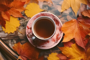 tea with honey and spices on autumn leaves, postcard concept,AI