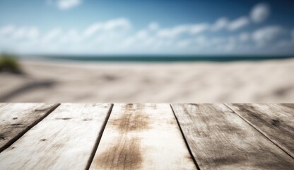 Naklejka na ściany i meble Empty modern wooden table on a summer beach, AI generated
