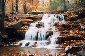 View of the waterfall in the forest, which contains all the colors of autumn. AI