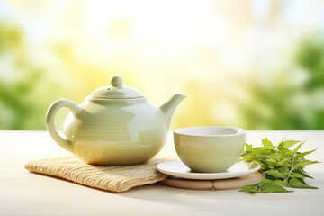 Fototapeta premium Asian tea utensils for the traditional tea ceremony. Green tea leaves. Teapot and cup ceramic isolated on a light flat background with copy space. Banner template. Generative AI photo.