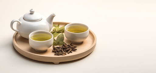 Fototapeta premium Asian tea utensils for the traditional tea ceremony. Green tea leaves. Teapot and cup ceramic isolated on a light flat background with copy space. Banner template. Generative AI photo.
