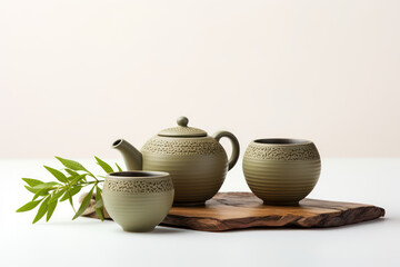 Asian tea utensils for the traditional tea ceremony. Green tea leaves. Teapot and cup ceramic isolated on a light flat background with copy space for text. Banner template. Generative AI photo. - obrazy, fototapety, plakaty