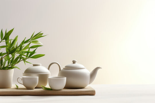 Asian tea utensils for the traditional tea ceremony. Green tea leaves. Teapot and ceramic cup isolated on a light flat background with copy space. Banner template. Generative AI photo.