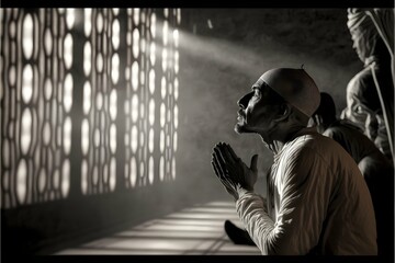 black and white inked muslim pilgrims praying profile hand facing the sky ray of light haze close up 
