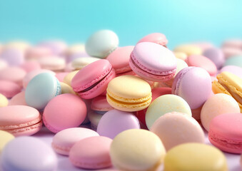Fototapeta na wymiar A large pile of delicious pastel-colored macarons rests on a blue-colored palette background. Generative AI.