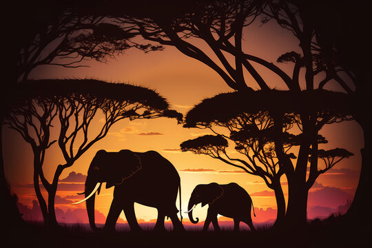 Sunset in the savannah - silhouettes of elephants in the rays of the setting sun