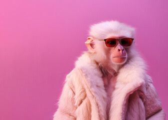 An albino monkey wearing pink sunglasses elegantly dressed in a pilot jacket poses in front of a solid pink background. Copy space. Generative AI.