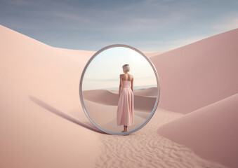Fototapeta na wymiar Beautiful girl in a pastel pink dress as a reflection in a large circular mirror standing in the middle of a desert at sunset. Generative AI.
