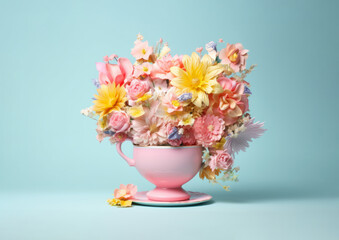 A large cup of tea filled with assorted colorful flowers against a pastel blue studio background. Generative AI.