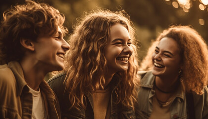 Fototapeta premium Young adults embrace in nature, smiling joyfully generated by AI