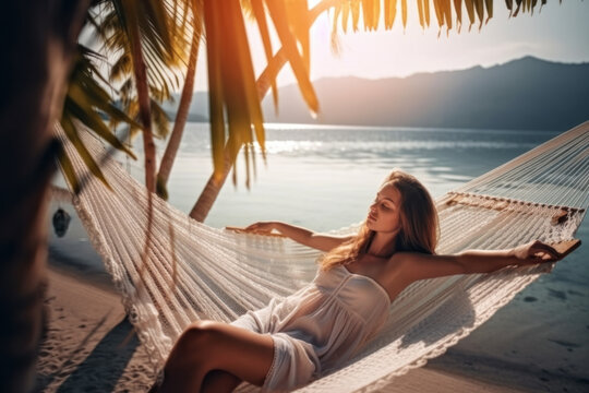 Young beautiful caucasian woman sleeping in hammock, tropical beach. Photorealism, lifestyle. Generative AI illustration, no real people referenced