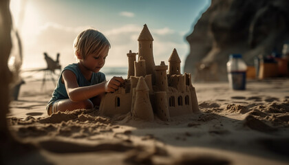 Cute children building sandcastles on the beach generated by AI