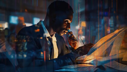 Portrait of black stock market trader analyzing investment graphs, charts, stock figures projected on his face. African American financial analyst, digital entrepreneur making successful trade - obrazy, fototapety, plakaty