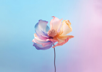 Beautiful blooming flower glowing in illuminated synthwave pink and pastel blue light. Generative AI.