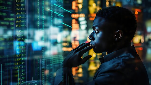 Portrait of black stock market trader analyzing investment graphs, charts, stock figures projected on his face. African American financial analyst, digital entrepreneur making successful trade