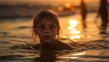 Fototapeta premium One child smiling, playing in the water generated by AI
