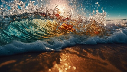 Splashing waves reflect sunlight on wet sand generated by AI