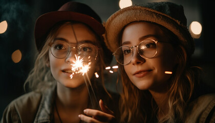 Young women enjoy party with Christmas lights generated by AI