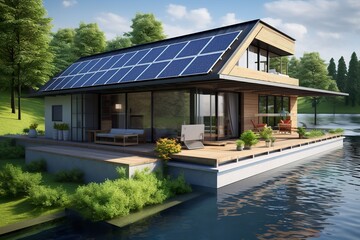 Fototapeta na wymiar green house with solar panels on roof, alternative energy technologies on residential home building, generative AI