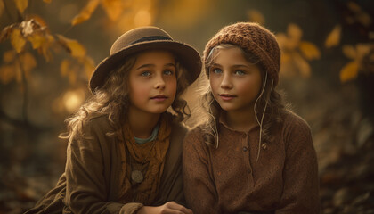 Fototapeta premium Two girls smiling, enjoying autumn nature together generated by AI