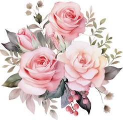 Watercolor Romantic Pink Rose Flowers Arrangement. Isolated Wedding Clipart Illustration for Invitation card, Logo, Greeting Card, Banners and more.