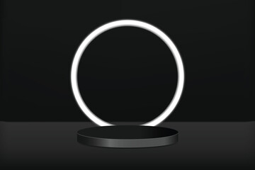 Abstract scene background. Cylinder podium on a black background with circle neon lights. Product presentation, mock up, cosmetic product exhibition, podium, pedestal or platform.