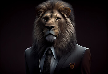 illustration of leon in black stylish business suit look strong like a king . AI - obrazy, fototapety, plakaty
