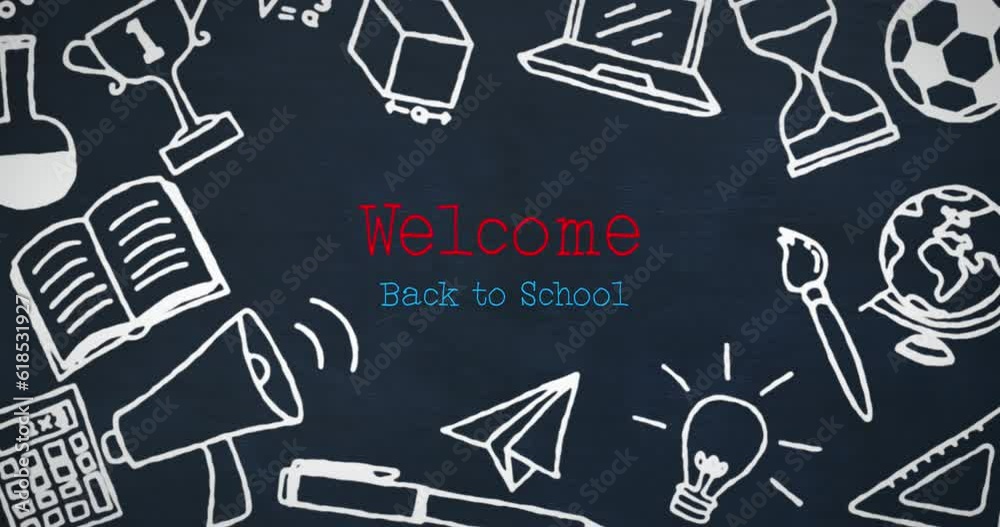 Poster animation of multiple icons around back to school text against abstract background