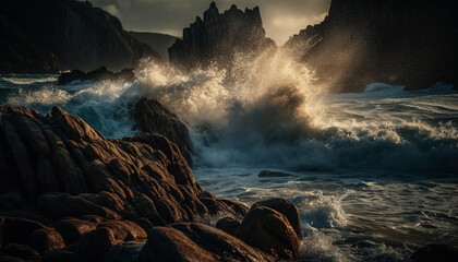 Majestic cliff, rough waters, spray splashing, awe inspiring generated by AI