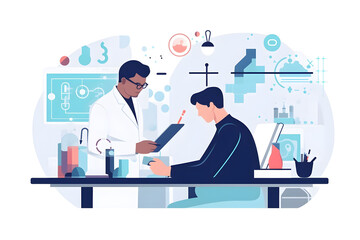 Flat vector illustration science research and hands in lab with notebook and computer on scientific analysis experiment internet and analytics scientist in laboratory with data vision and future in me
