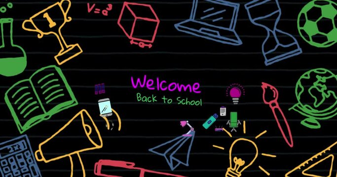 Animation of welcome back to school text banner and school concept icons on black chalkboard