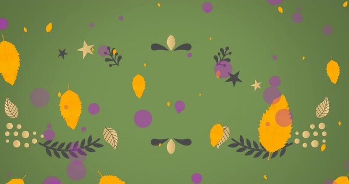Animation of autumn leaves and pattern on green background