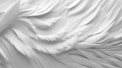Closeup, white and feathers background for peace, calm and spirituality for God, religion and hope. Ai generated, feather and bird plumage for creative banner, texture or detail space for angel faith © Peopleimages - AI