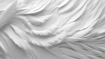 Keuken foto achterwand Macrofotografie Closeup, white and feathers background for peace, calm and spirituality for God, religion and hope. Ai generated, feather and bird plumage for creative banner, texture or detail space for angel faith