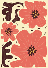 Colorful, bright summer retro silhouette. Abstract pattern with leaves, flowers, figure with texture. trendy print with flowers vector on modern style. A4  poster for print, banner, postcard. art