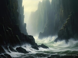 Fototapeta na wymiar Black Granite Cliffs and Roaring Sea