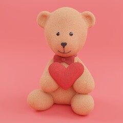 Soft teddy bear sits with a heart in its paws, knitted toy, red bow tie, friendly smile