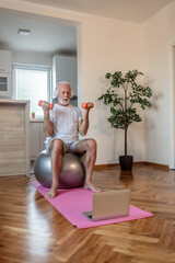 Middle age man with beard training and stretching doing exercise at home looking at sport video on his laptop.