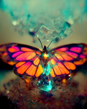 luminescent macro photography transparent ice giant beautiful ultra neon glowing prehistoric butterfly ultra neon complimentary colors inner neon glow transparency bubbles explosions cinematic 