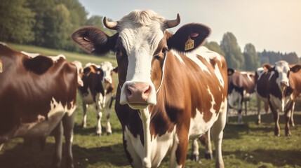 animal farming agricultural livestock cow pasture meadow cattle nature grass. Generative AI. - obrazy, fototapety, plakaty