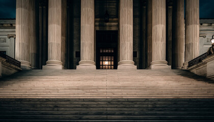Neo classical courthouse facade illuminated at night generated by AI