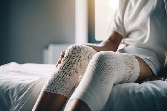 Woman patient with bandage compression knee brace. Generative ai
