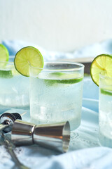 Close up of a Gin and tonic cocktail with lime.