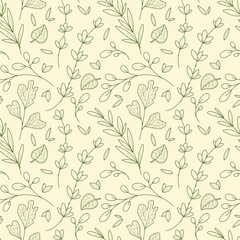 Seamless pattern of ginkgo leaf, elegance branches and leaves in line art style